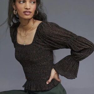 Anthropologie Bishop Smocked Shimmer Metallic Top